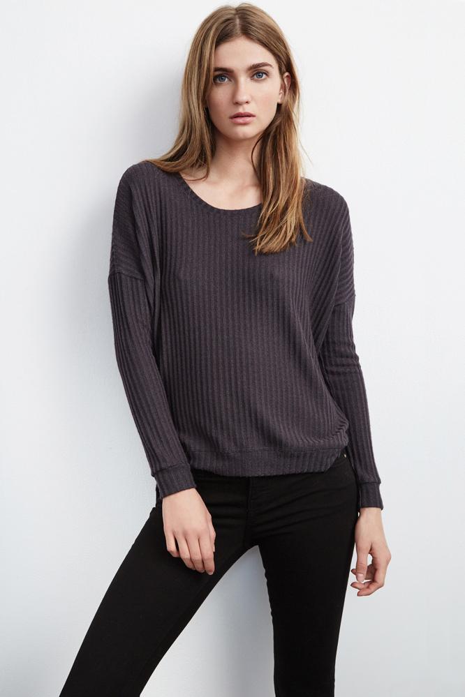 Velvet Clothing Tacy Ribbed High/low Top-dkgrey-rayonrib