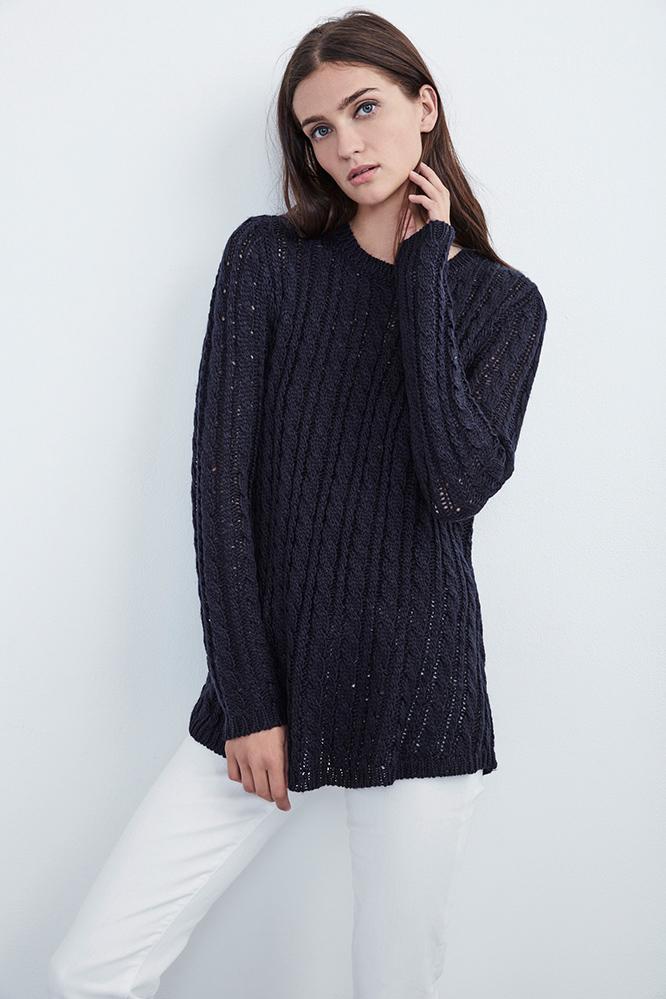 Velvet Clothing Avira Sheer Cable Knit Sweater -navy-cable