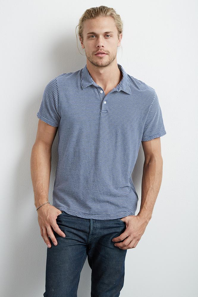 Velvet Men Faustino Cotton Linen Stripe Polo Shirt-arctic-lincotstr