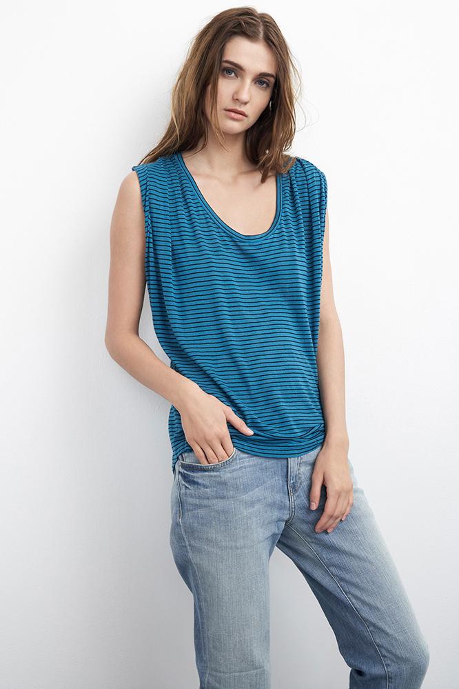 Velvet Clothing Ena Stripe Linen Tank Top-teal-linenrayonstripeknit