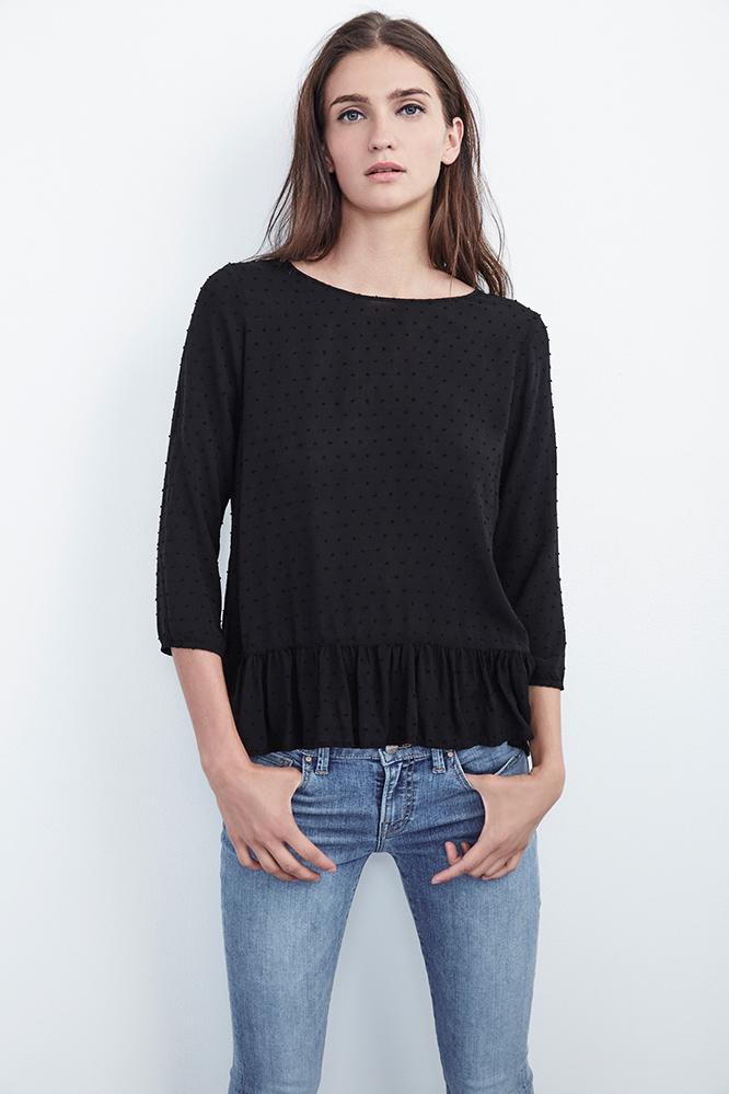 Velvet Clothing Dori Swiss Dot Ruffle Top-black-rayswissd