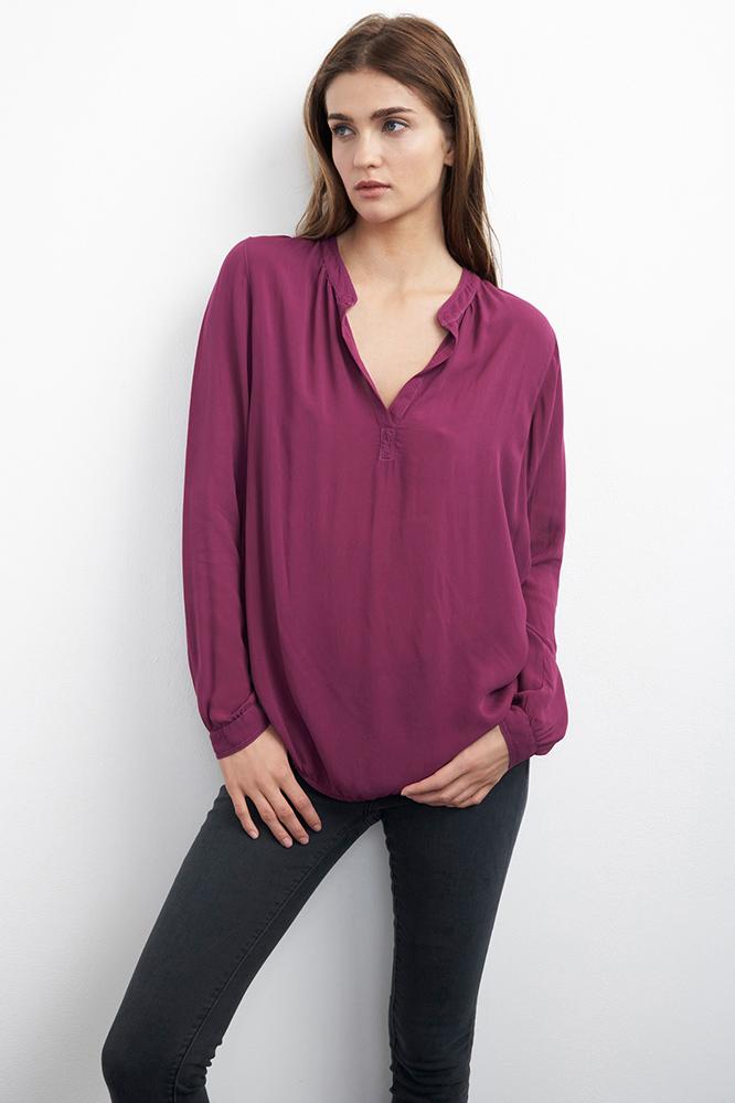 Velvet Clothing Rosie Half-placket Challis Blouse-beet-challis