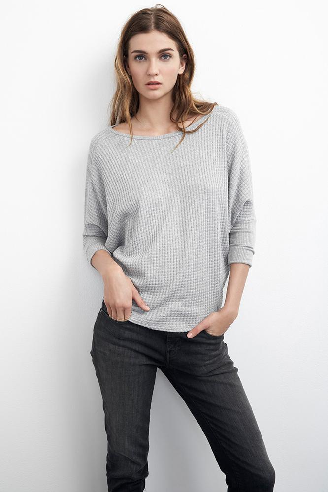 Velvet Clothing Tyna Waffle Knit Dolman Top-heathergrey-waffleknitsolid