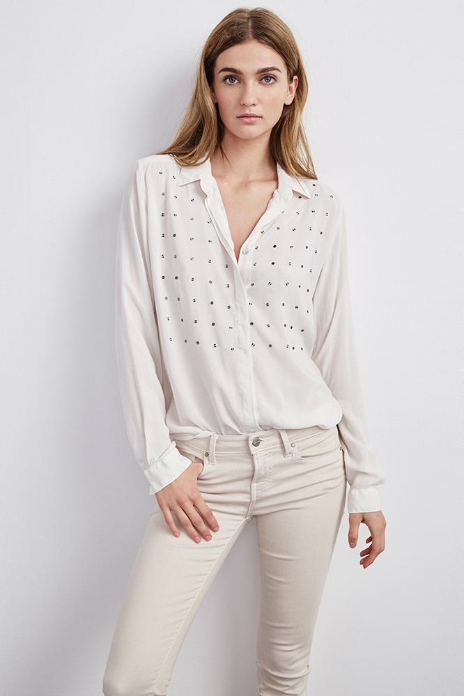 Velvet Clothing Ursa Nailhead Embroidered Blouse-ivory-rayonchallisnh