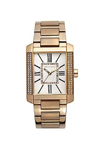 Vince Camuto Vince Camuto Rectangular Gold-tone Crystal Lined Link Watch