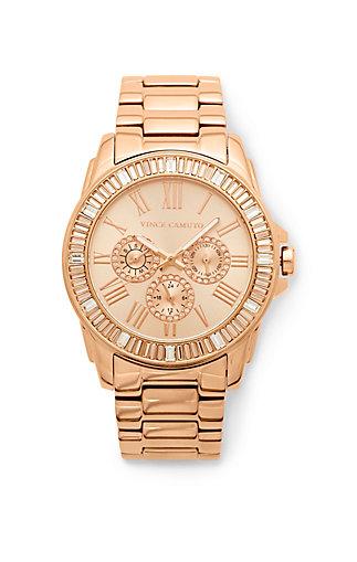 Vince Camuto Vince Camuto Baguette Crystal Rose Gold-tone Dress Watch