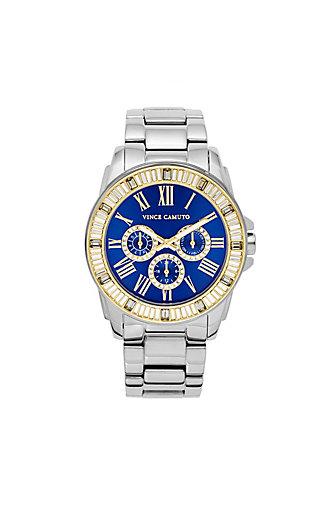Vince Camuto Baguette Crystal Silver-tone & Navy Dress Watch