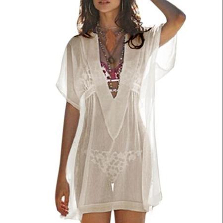 Allegra K Women Deep V Neck Sleeves Semi Sheer Cover-up Tunic Top White Xs