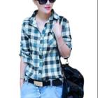 Allegra K Women Plaids Pattern Buttoned Closure Front Leisure Shirt Navy Blue White