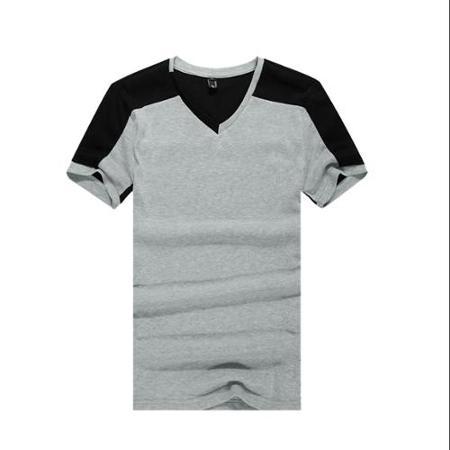Allegra K Men V Neck Colorblock Ribbed Design Summer T-shirt Light Gray
