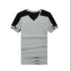 Allegra K Men V Neck Colorblock Ribbed Design Summer T-shirt Light Gray