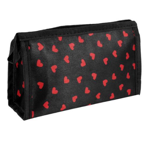 Women Lady Red Black Hearted Shape Design Zipper Cosmetic Bag W Hand Strap