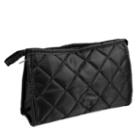 Black Stitching Grid Print Zip Top Closure Small Cosmetic Toiletry Bag W Strap