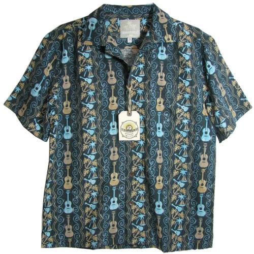 Margaritaville Mens Short Sleeve Guitar Print Silk Shirt, Black