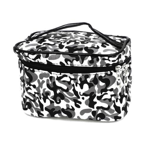 Women Faux Leather Zip Up Camouflage Print Cosmetic Bag Handbag Black Gray
