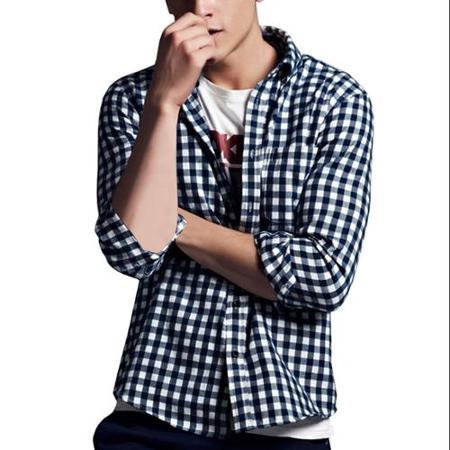 Allegra K Men Check Pattern Round Hem Button Down Shirt Navy Blue White