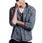 Allegra K Men Check Pattern Round Hem Button Down Shirt Navy Blue White