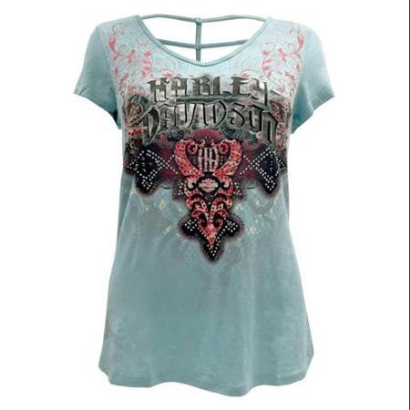 Harley-davidson Medium Women's Dreamscape Embellished Short Sleeve Tee, Aqua Blue (m) Hd715-028aqa