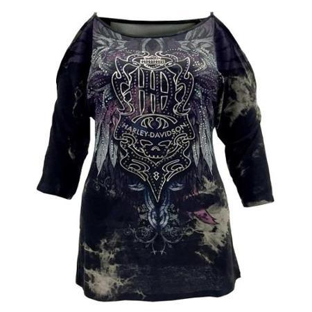 Harley-davidson Small Women's Embellish Cape Of Feathers 3/4 Sleeve Tie Dye Shirt (s) Hd715-025blk