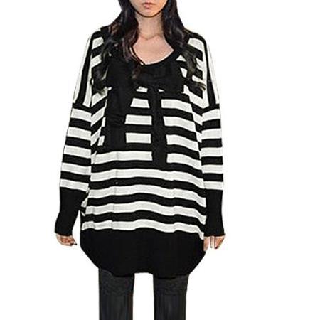 Allegra K Women's Long Sleeve Stripe Bow Accent Sweater Black (size / 8)
