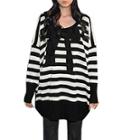 Allegra K Women's Long Sleeve Stripe Bow Accent Sweater Black (size / 8)