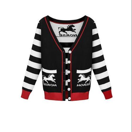 Allegra K Women's V Neckline Horse Pattern Button Up Knit Cardigan Black (size / 12)