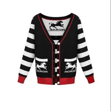 Allegra K Women's V Neckline Horse Pattern Button Up Knit Cardigan Black (size / 12)