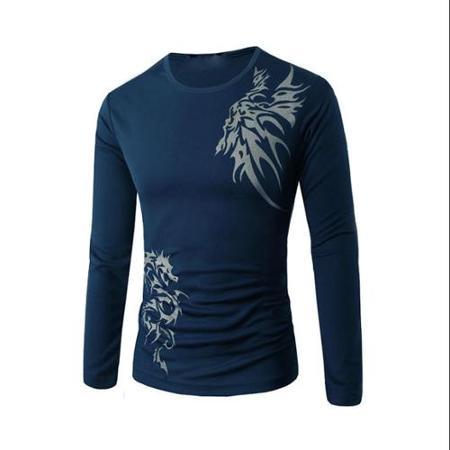 Allegra K Men Round Neck Long Sleeve Casual T-shirt Navy Blue