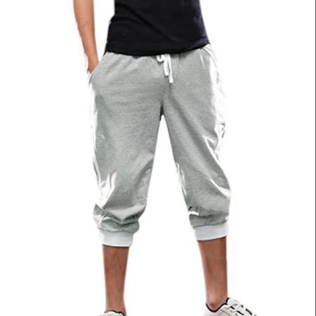 Azzuro Men's Mid Waist Pockets Casual Capris Trousers Gray White W34