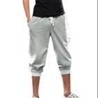 Azzuro Men's Mid Waist Pockets Casual Capris Trousers Gray White W34