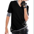 Allegra K Men Half Sleeves Irregular Cutting Hem Double Layer V Neck Casual Shirt Black