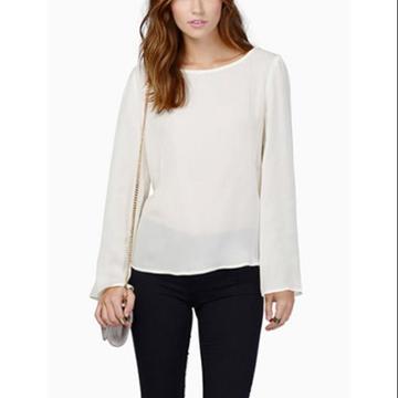 Women Round Neck Long Sleeves Crossover Back Chiffon Tops White