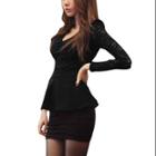 Allegra K Women's Pullover Slim Fit Club Wear Lace Sleeve Black Peplum Top (size / 4)
