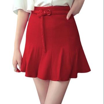 Women High Waist Zip Fly Side Ruffles Hem Full Lined Casual Skirts Red