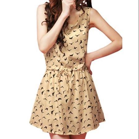Allegra K Women's Swallow Print Drawstring Waist Beige Chiffon Mini Dress Beige (size / 4)