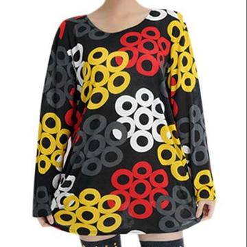 Allegra K Women's Shirred Sides Circle Pattern Slipover Tunic Knit Top Black Yellow (size / 4)
