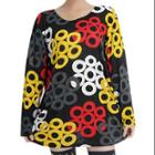 Allegra K Women's Shirred Sides Circle Pattern Slipover Tunic Knit Top Black Yellow (size / 4)