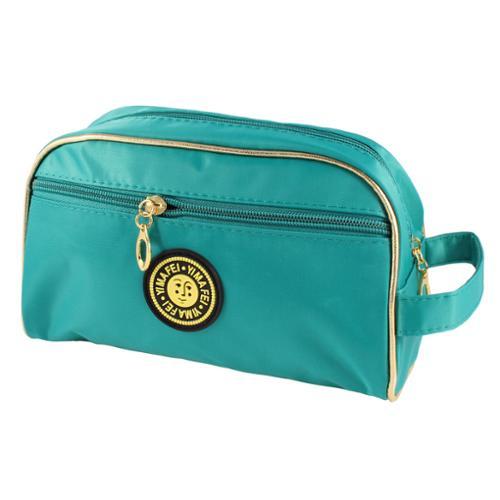 Lady Polyester Zipper Closure Teal Green Make-up Case Cosmetic Bag W Hand Strap