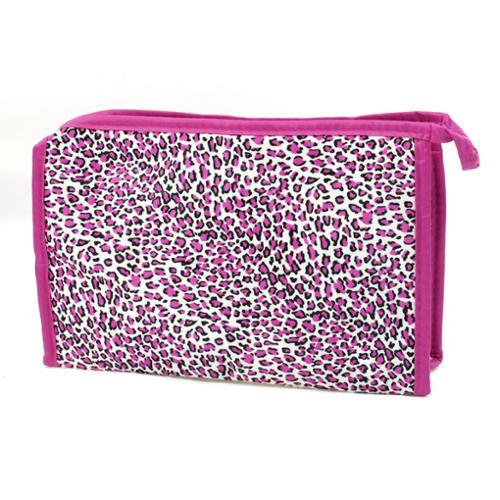 Lady White Fuchsia Leopard Printed Makeup Cosmetic Bag Container Size