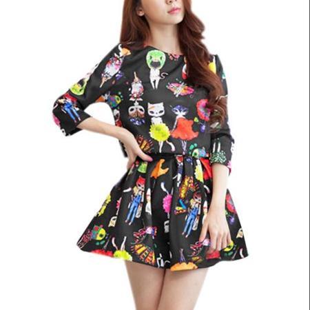 Allegra K Women's Black Round Neck 3/4 Sleeve Casual Top W Cartoon Pattern Skirt (size / 8)