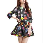 Allegra K Women's Black Round Neck 3/4 Sleeve Casual Top W Cartoon Pattern Skirt (size / 8)