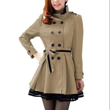 Allegra K Ladies Fashion Tiered Mesh Spliced Hem Khaki Spring Trench Coat