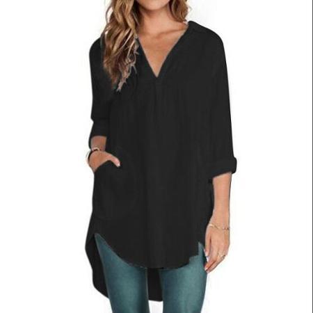 Allegra K Ladies Turn Down Collar High Low Hem Tunic Casual Shirt Black