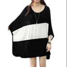 Allegra K Women Long Batwing Sleeves Color Block Loose Fit Tunic Tops Black White