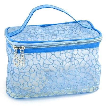 Lady Blue Mesh Design Zip Closure Plastic Lining Cosmetic Bag W Carrying Handle