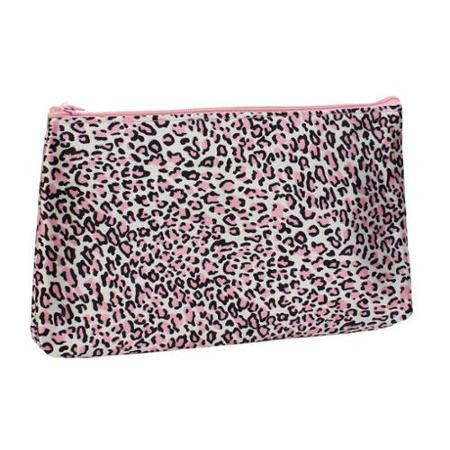 Ladies Pink Black Leopard Printed Polyester Cosmetic Bag Beauty Tool Organizer