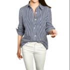 Allegra K Women's Vertical Stripes Button Down Long Roll Up Sleeve Shirt Blue (size / 16)