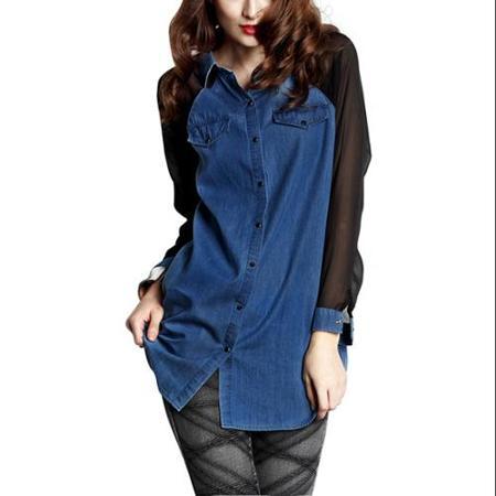 Allegra K Women Long Raglan Sleeve Chiffon Panel Thin Denim Shirt Blue