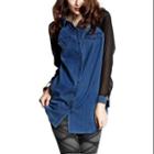 Allegra K Women Long Raglan Sleeve Chiffon Panel Thin Denim Shirt Blue