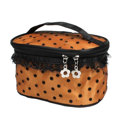 Ladies Orange Black Rectangular Dots Mesh Lace Foldable Cosmetic Makeup Case Bag